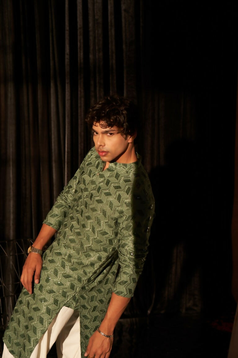 Green viscose Chikankari Embroidery Work Men's Traditional Kurta Set - Mahotsav | Swadesiicart