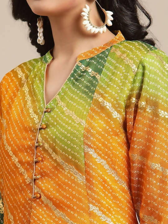Indian Clothing Varanga Mustard Yellow & Green Bandhani Dyed Anarkali Kurta - Swadesiicart
