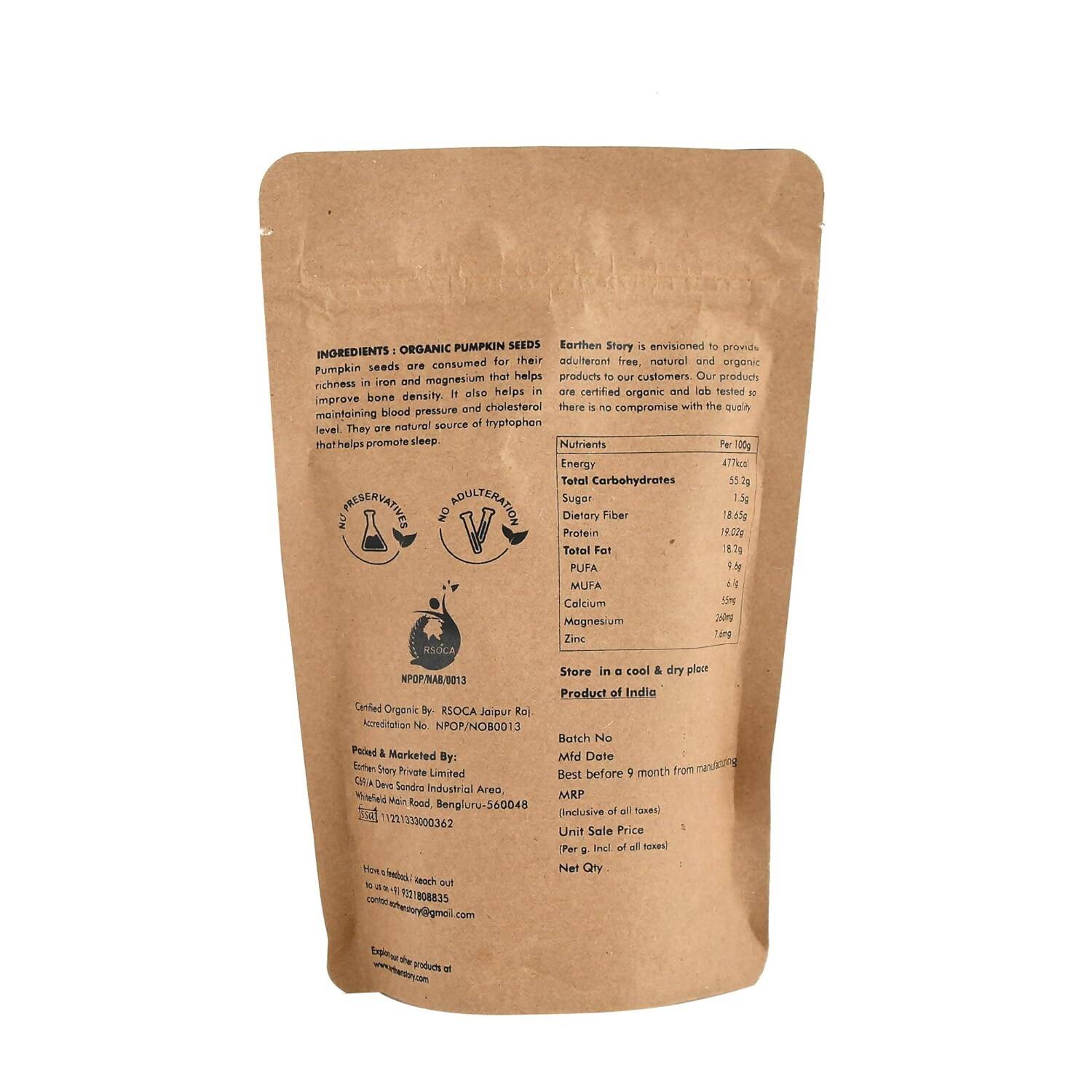 Earthen Story Certified Organic Raw Pumpkin Seeds | Swadesiicart