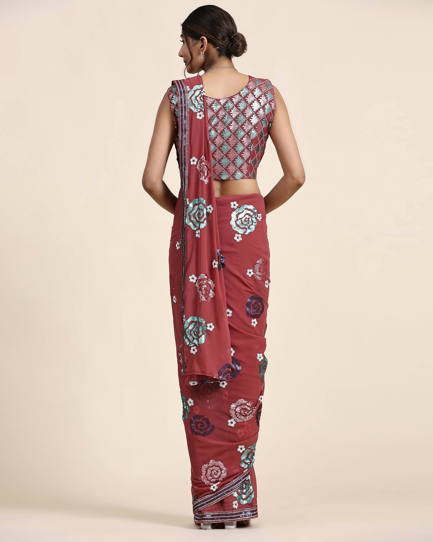 Peach Pure Georgette Sequence work Ready to wear Saree with stitched Blouse - Nirvana | Swadesiicart