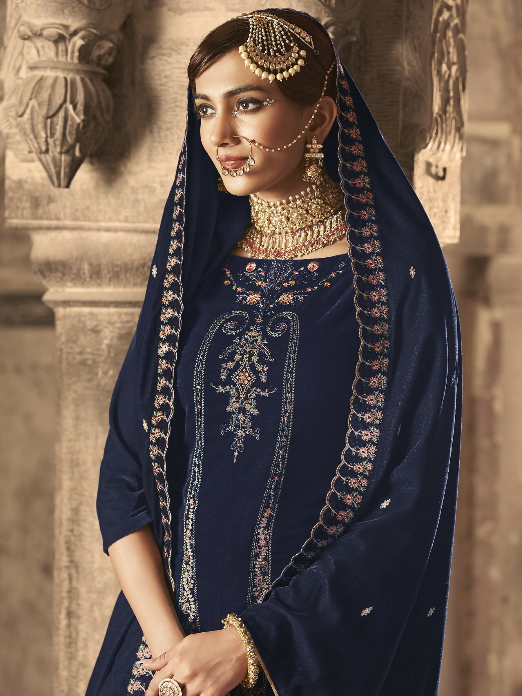 Jyoti Fashion Women's Navy Blue Velvet Floral Resham Thread with Jari work Kurta with Trouser & Dupatta | Swadesiicart