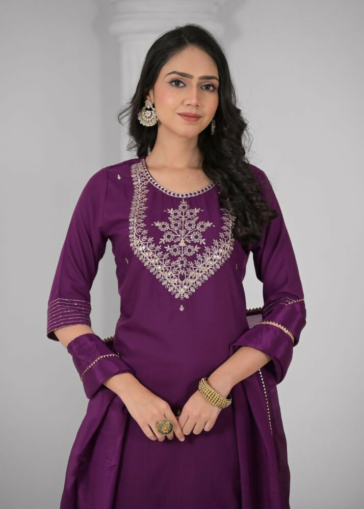 Ethnic Festive Wear Reyon Wine Stitched Suit With Dupatta - Tanisha | Swadesiicart