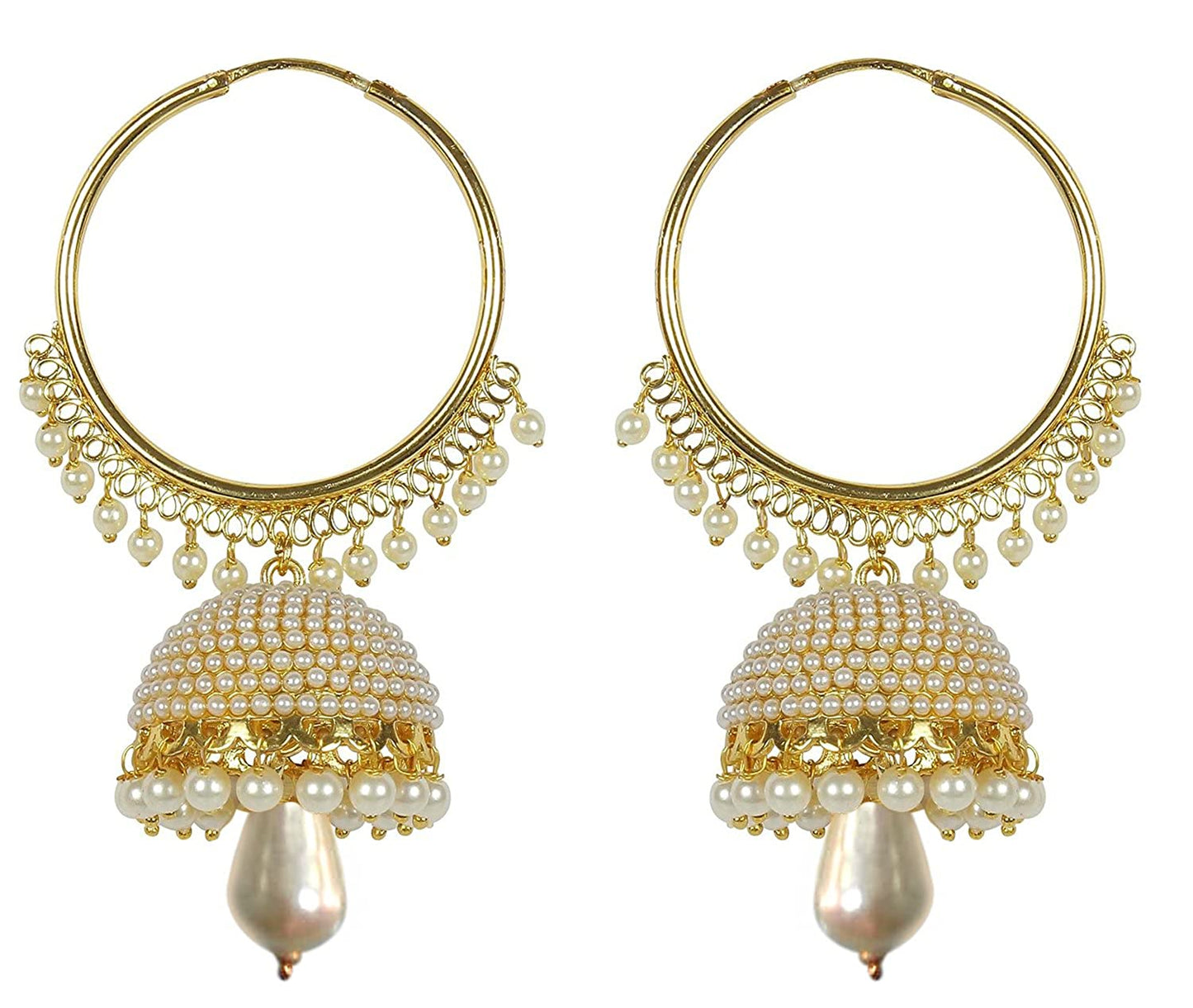 Gold-Polished Alloy Pearl Studded Round Hoop Jhumki Earrings - The Pari | Swadesiicart