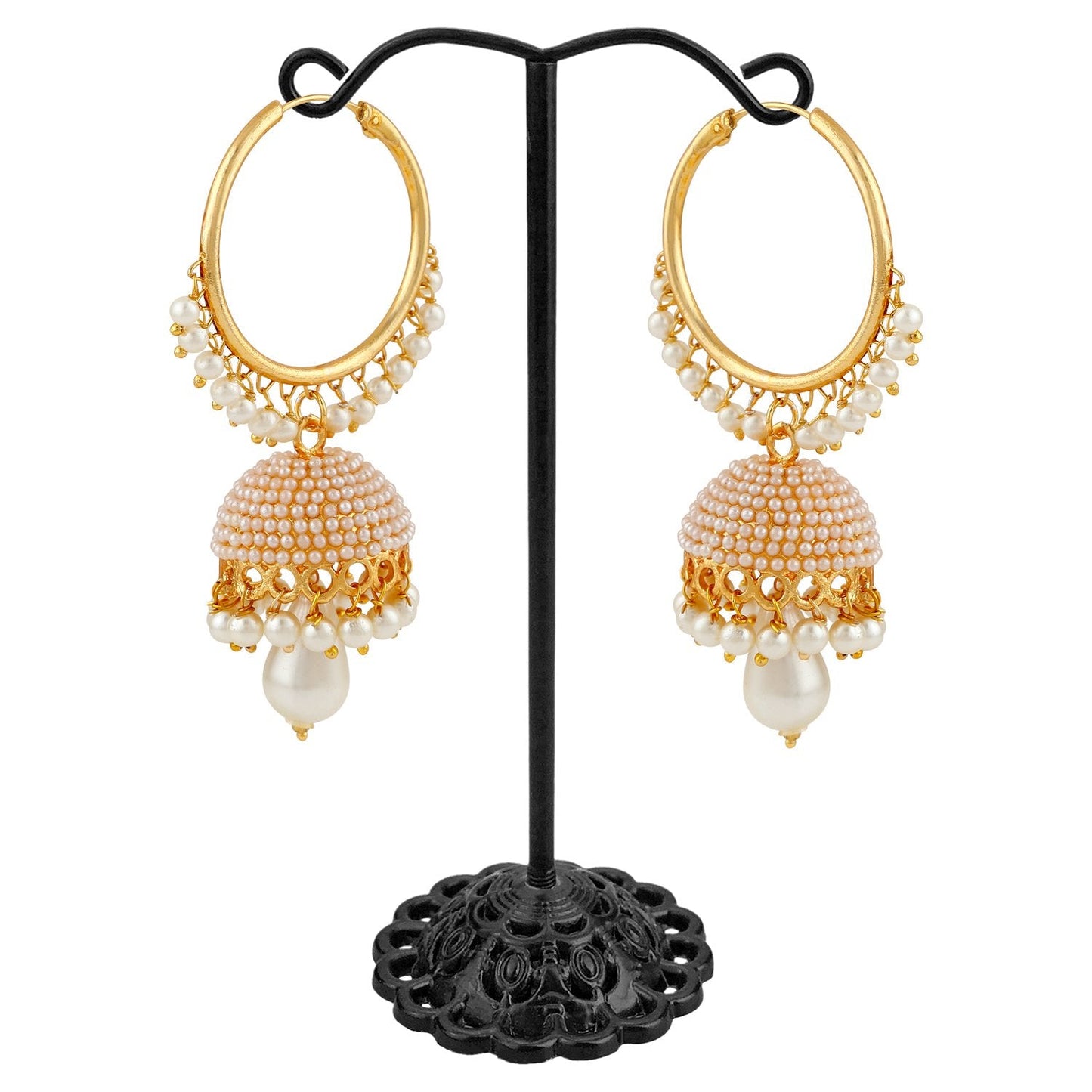 Gold-Polished Alloy Pearl Studded Round Hoop Jhumki Earrings - The Pari | Swadesiicart