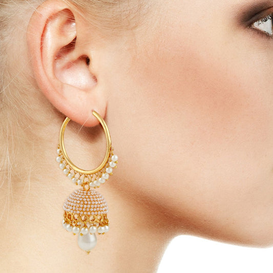 Gold-Polished Alloy Pearl Studded Round Hoop Jhumki Earrings - The Pari | Swadesiicart