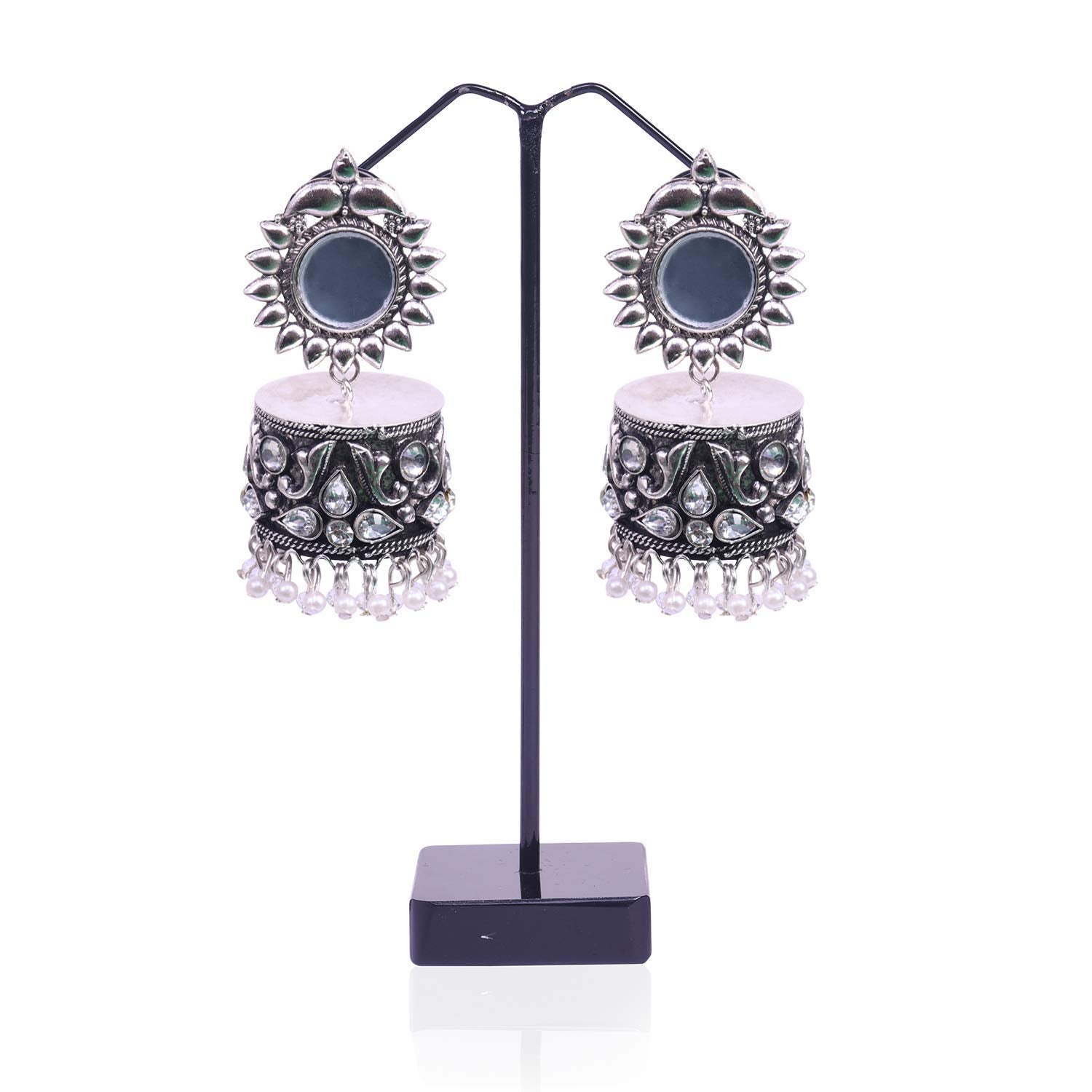 Rhodium-Plated Alloy Silver Plated Mirror Jhumki Earring - The Pari - Swadesiicart