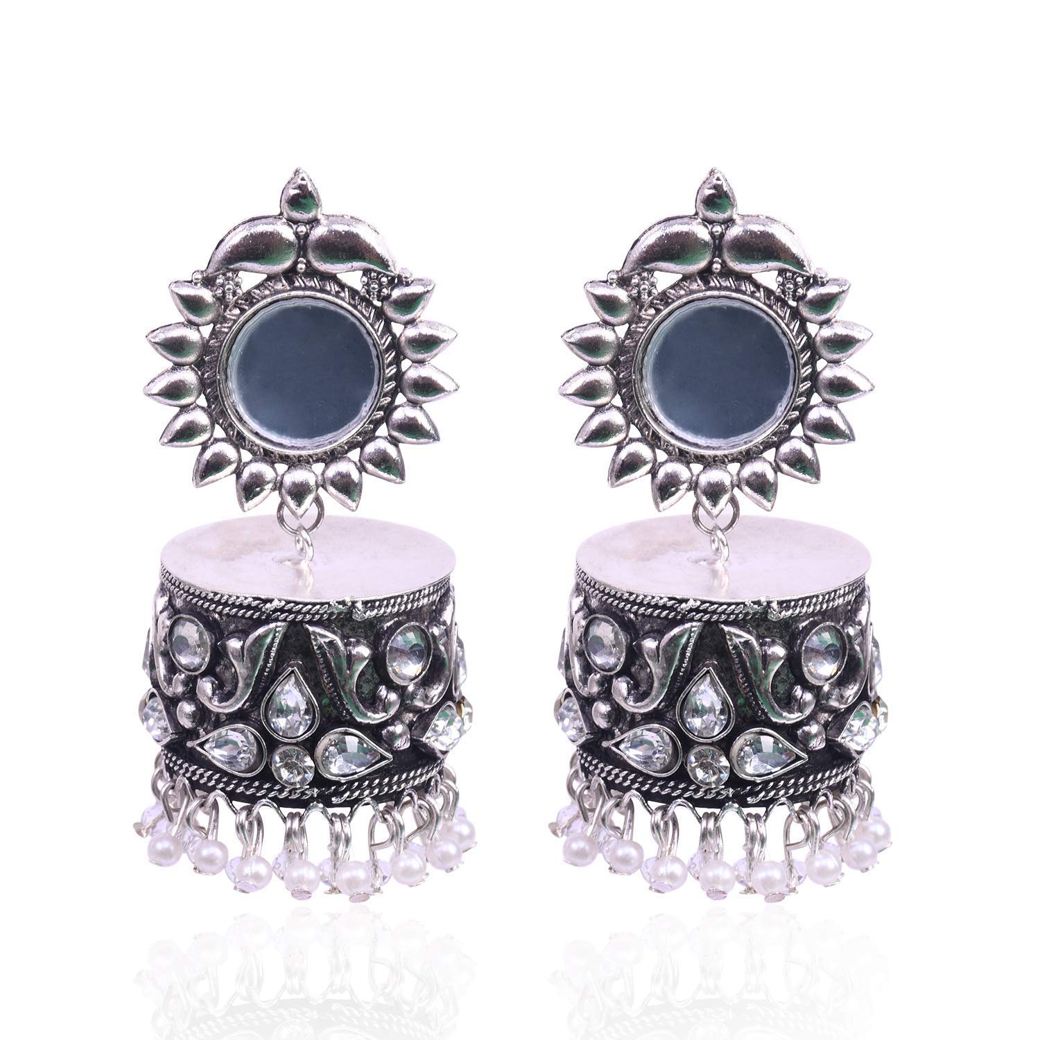 Rhodium-Plated Alloy Silver Plated Mirror Jhumki Earring - The Pari - The Pari - Dinesh Associates