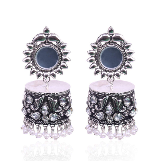 Rhodium-Plated Alloy Silver Plated Mirror Jhumki Earring - The Pari - The Pari - Dinesh Associates