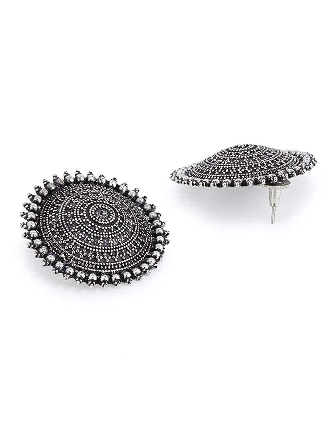 Rhodium-Plated Alloy Round Silver Antique Stud Earrings - The Pari - Swadesiicart