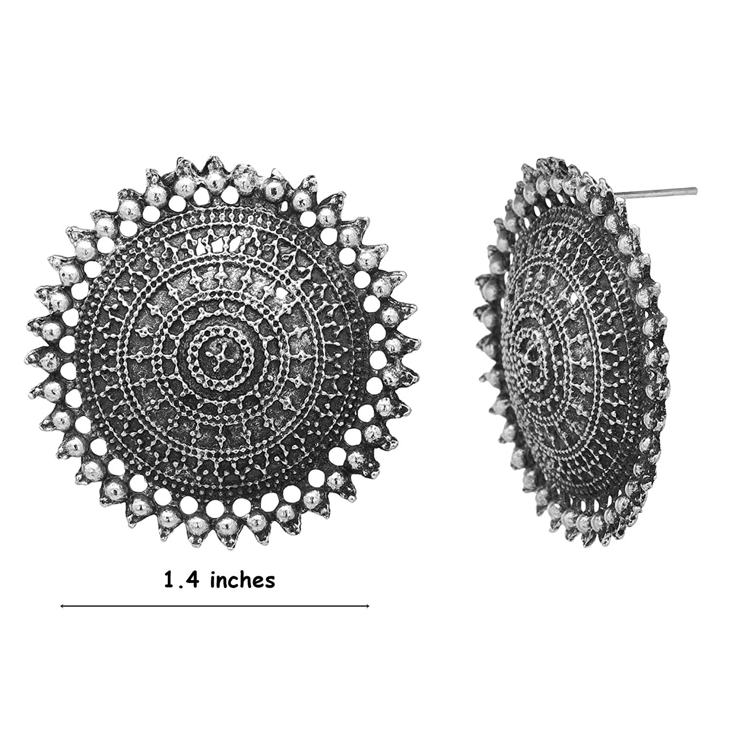 Rhodium-Plated Alloy Round Silver Antique Stud Earrings - The Pari - The Pari - Dinesh Associates