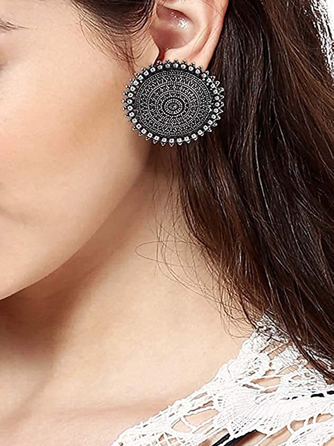 Rhodium-Plated Alloy Round Silver Antique Stud Earrings - The Pari - Swadesiicart