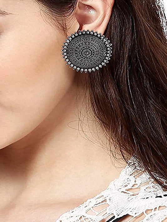 Rhodium-Plated Alloy Round Silver Antique Stud Earrings - The Pari - Swadesiicart