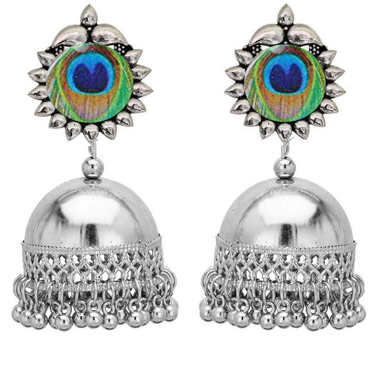 Rhodium-Plated Alloy Peacock Feather Jhumki Earrings - The Pari - The Pari - Dinesh Associates