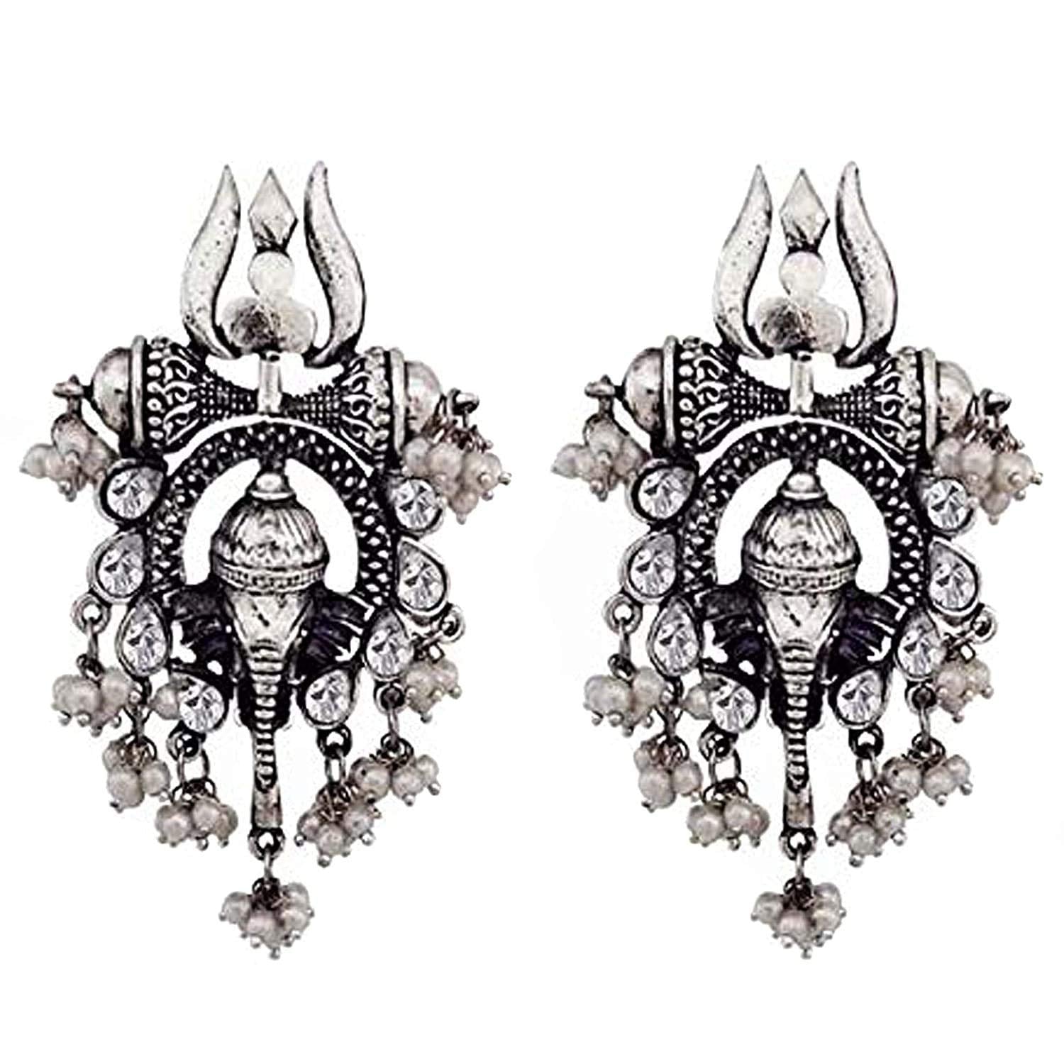 Rhodium-Plated Alloy Ganesh Ji Shaped Silver Earrings - The Pari - The Pari - Dinesh Associates