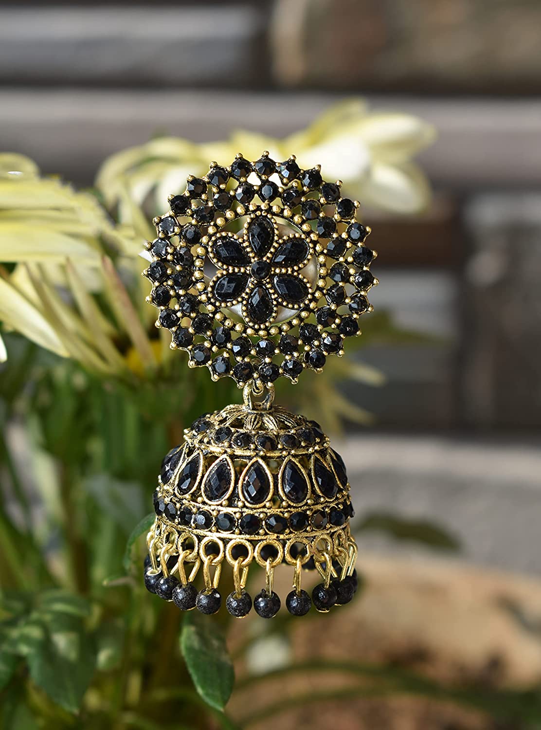 Gold-Polished Alloy Black Rhinestones Studded Jhumki Earrings - The Pari - Swadesiicart