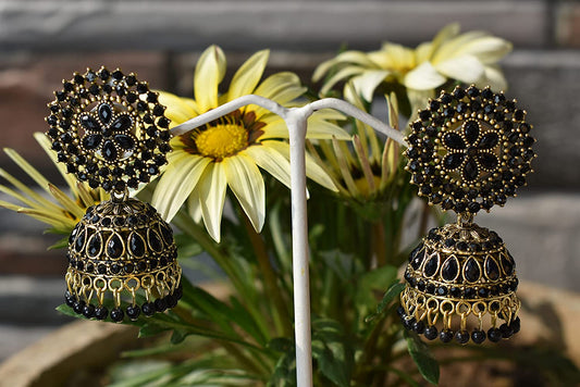 Gold-Polished Alloy Black Rhinestones Studded Jhumki Earrings - The Pari - Swadesiicart