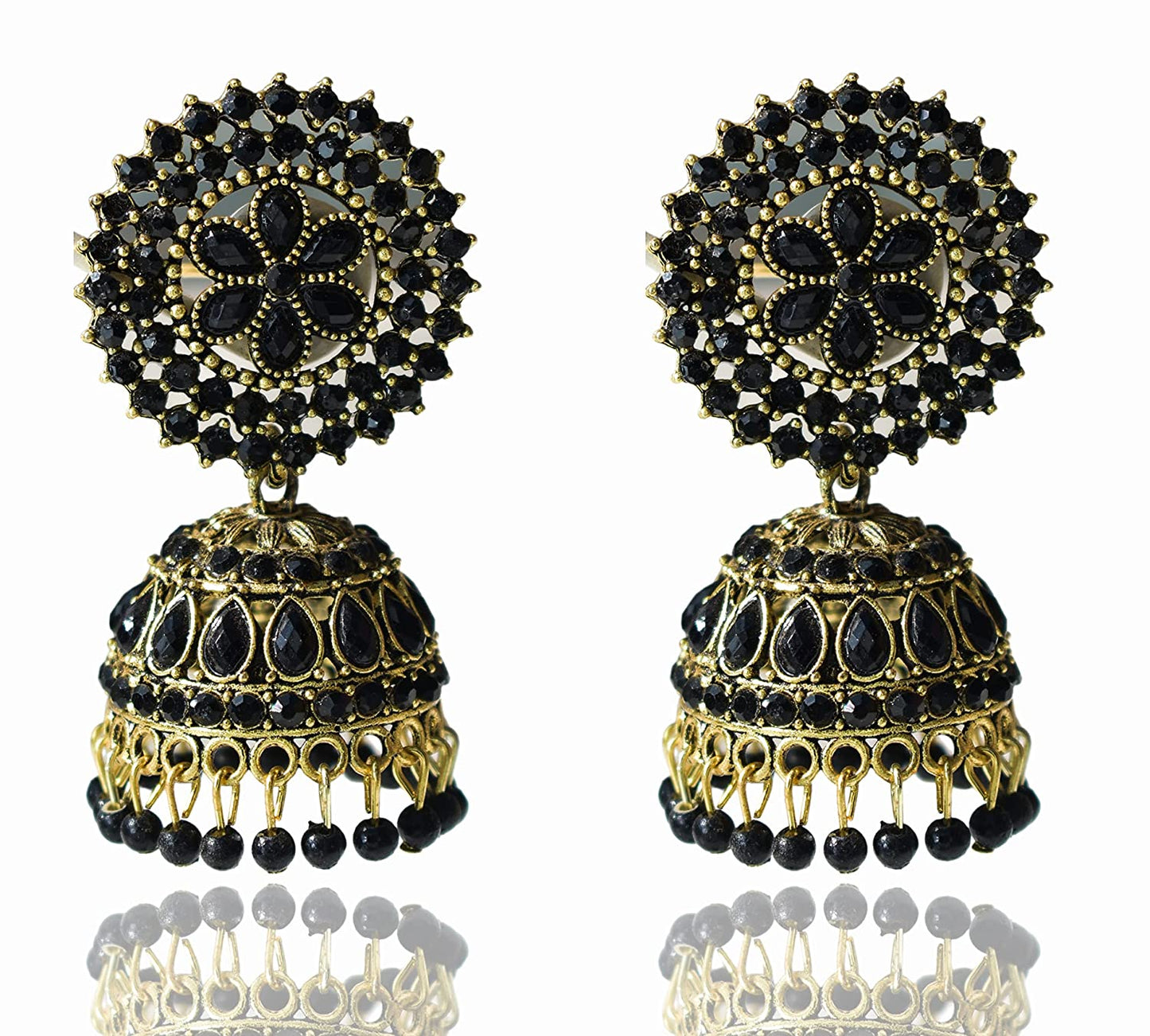 Gold-Polished Alloy Black Rhinestones Studded Jhumki Earrings - The Pari - The Pari - Dinesh Associates