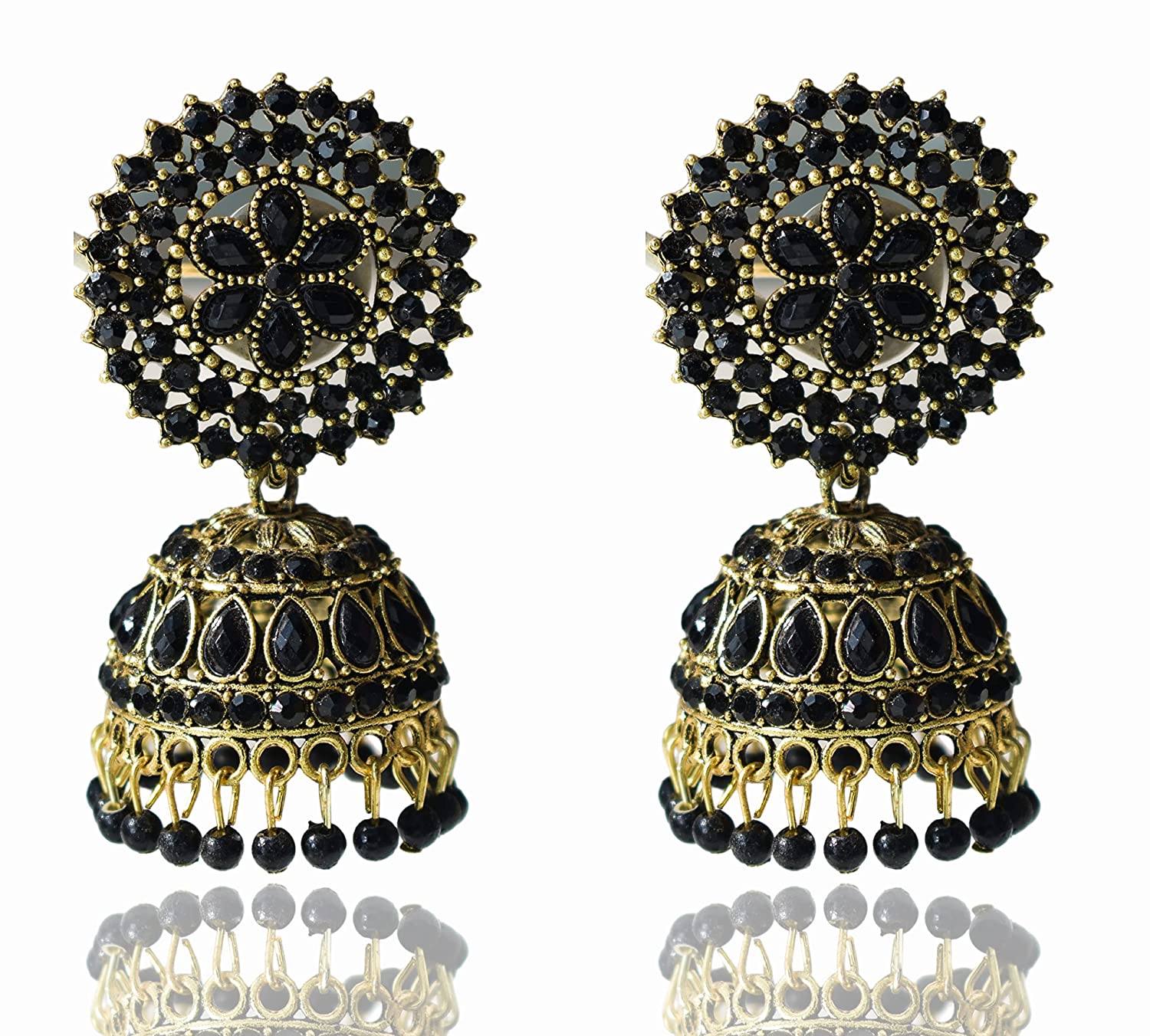 Gold-Polished Alloy Black Rhinestones Studded Jhumki Earrings - The Pari - The Pari - Dinesh Associates