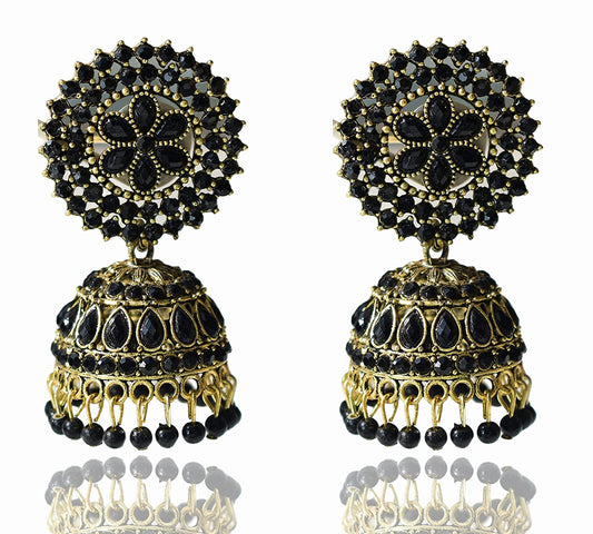 Gold-Polished Alloy Black Rhinestones Studded Jhumki Earrings - The Pari - The Pari - Dinesh Associates
