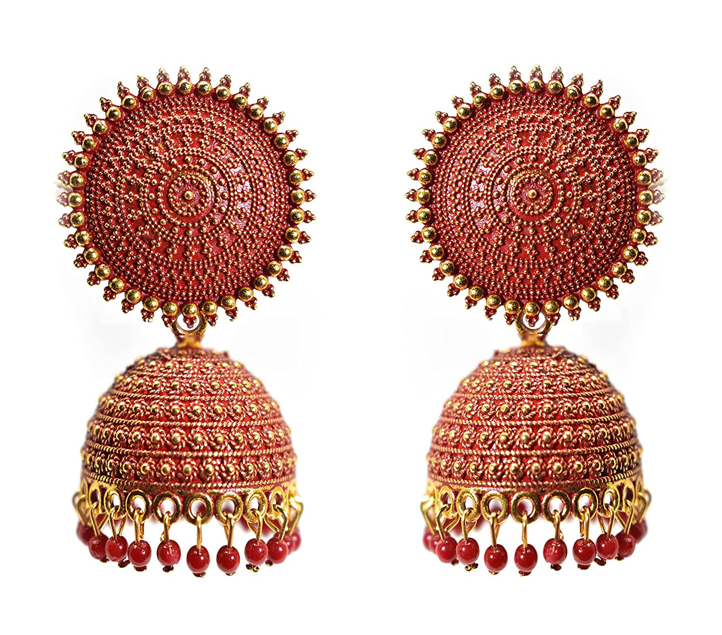 Gold-Polished Alloy Red Sun Shaped Jhumka Earrings - The Pari - The Pari - Dinesh Associates