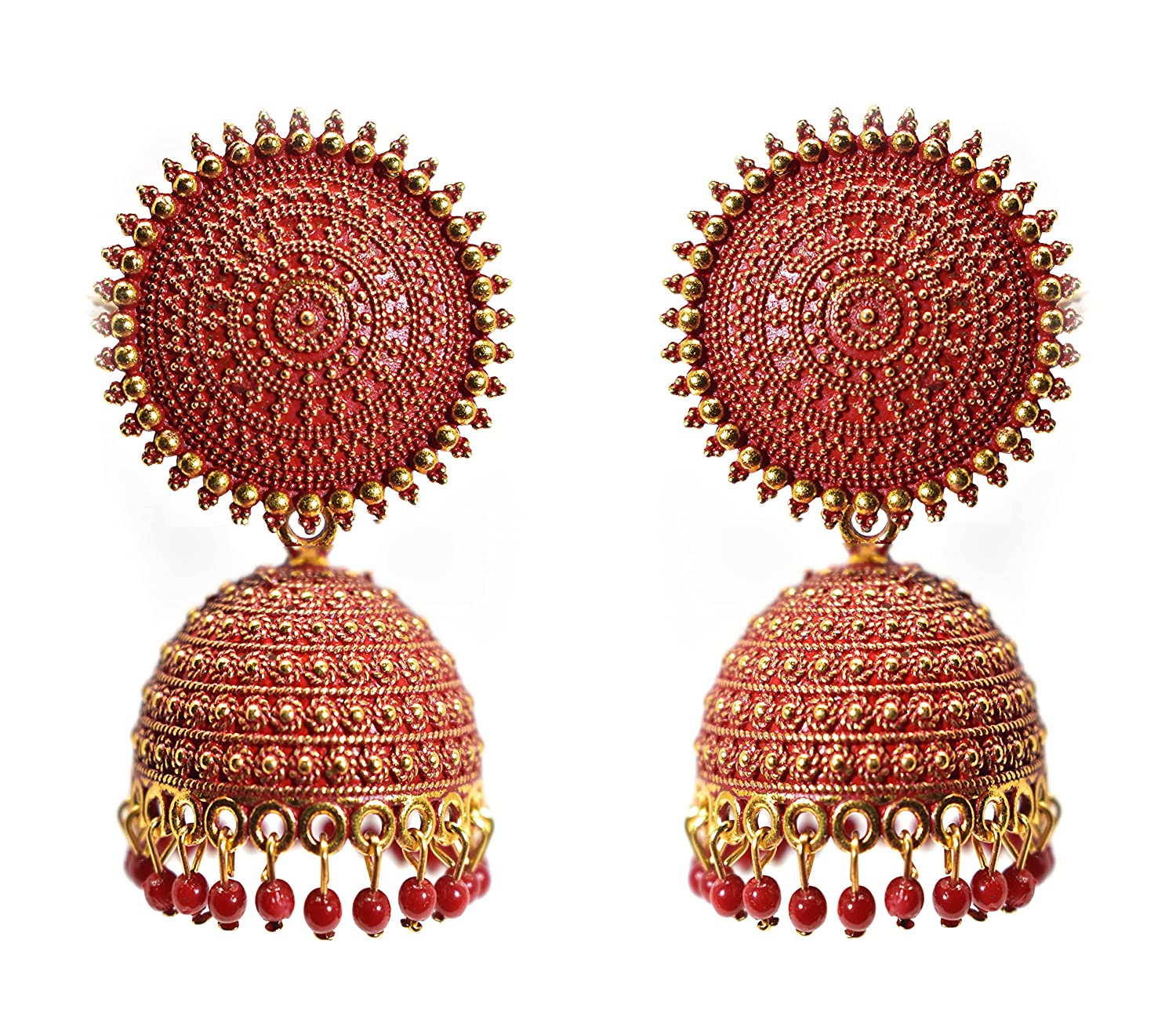 Gold-Polished Alloy Red Sun Shaped Jhumka Earrings - The Pari - The Pari - Dinesh Associates