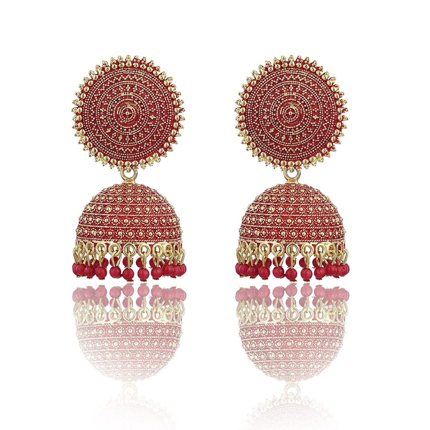Gold-Polished Alloy Red Sun Shaped Jhumka Earrings - The Pari - Swadesiicart