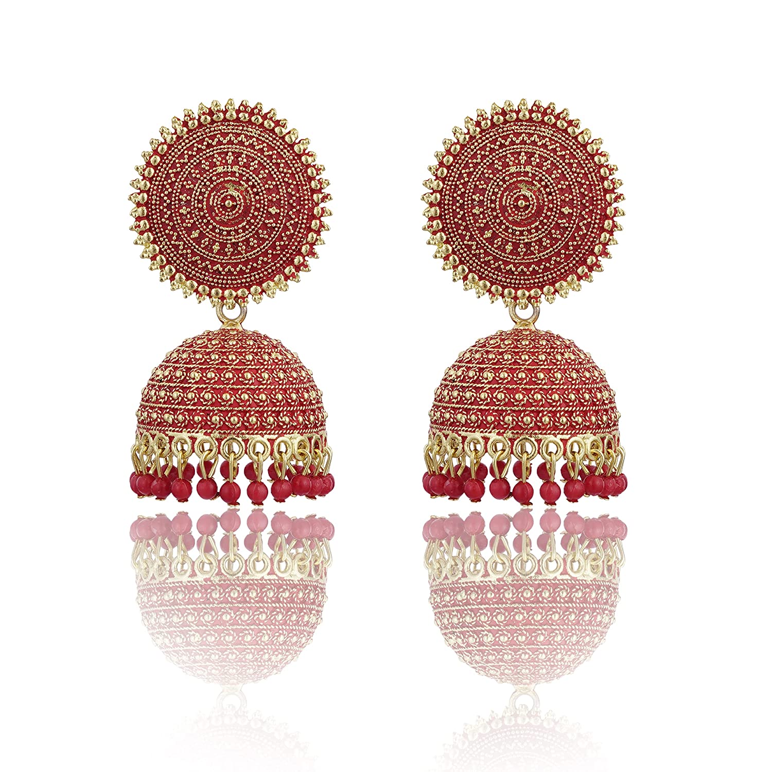 Gold-Polished Alloy Red Sun Shaped Jhumka Earrings - The Pari - Swadesiicart