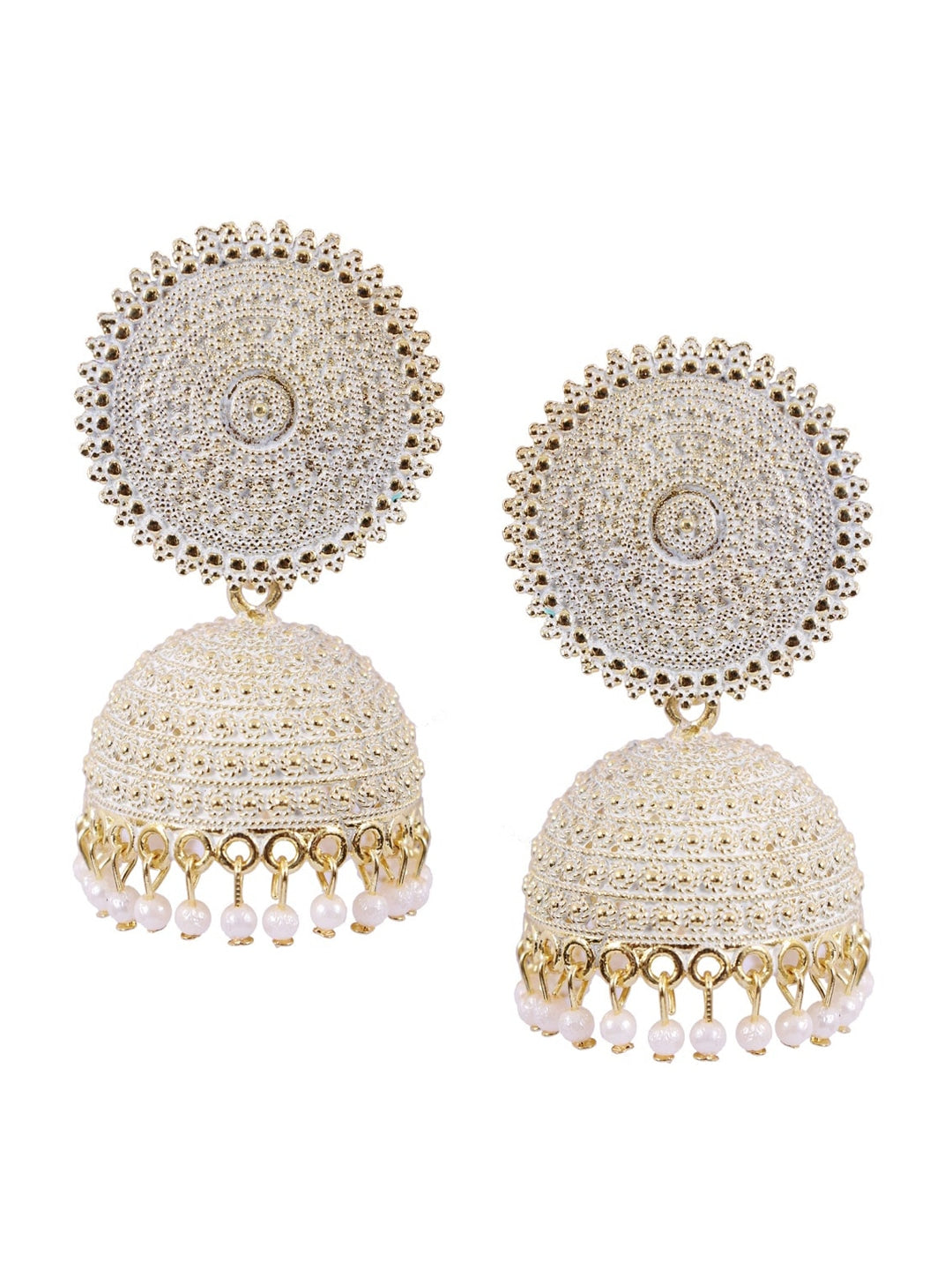 Gold-Polished Alloy White Sun Shaped Jhumka Earrings - The Pari - The Pari - Dinesh Associates