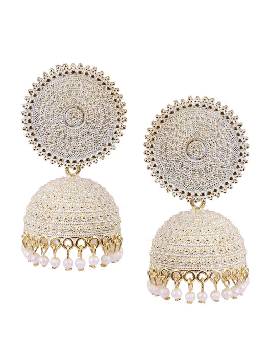 Gold-Polished Alloy White Sun Shaped Jhumka Earrings - The Pari - The Pari - Dinesh Associates