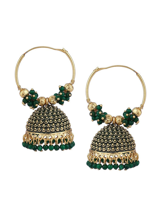 Gold-Polished Alloy Green Hoop Jhumka Earrings - The Pari - The Pari - Dinesh Associates