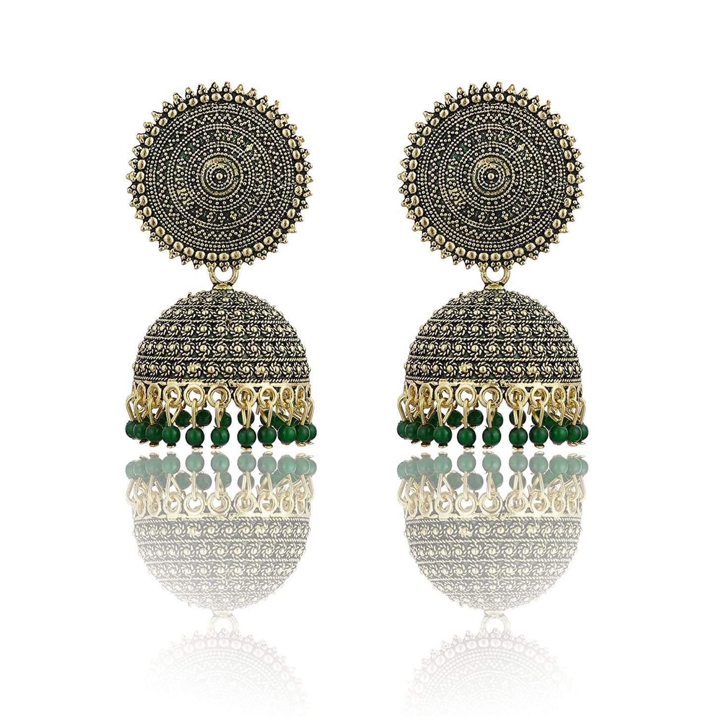 Gold-Polished Alloy Green Sun Shaped Jhumka Earrings - The Pari - The Pari - Dinesh Associates