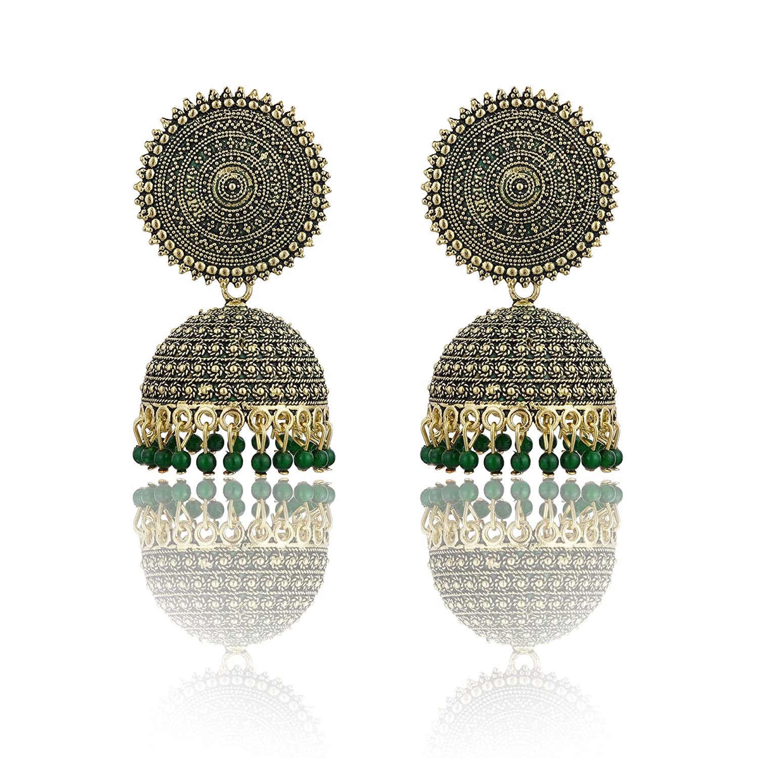 Gold-Polished Alloy Green Sun Shaped Jhumka Earrings - The Pari - The Pari - Dinesh Associates
