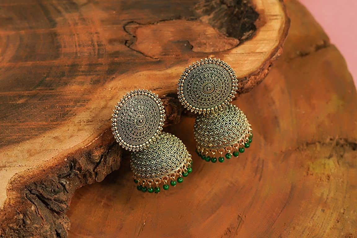 Gold-Polished Alloy Green Sun Shaped Jhumka Earrings - The Pari - Swadesiicart