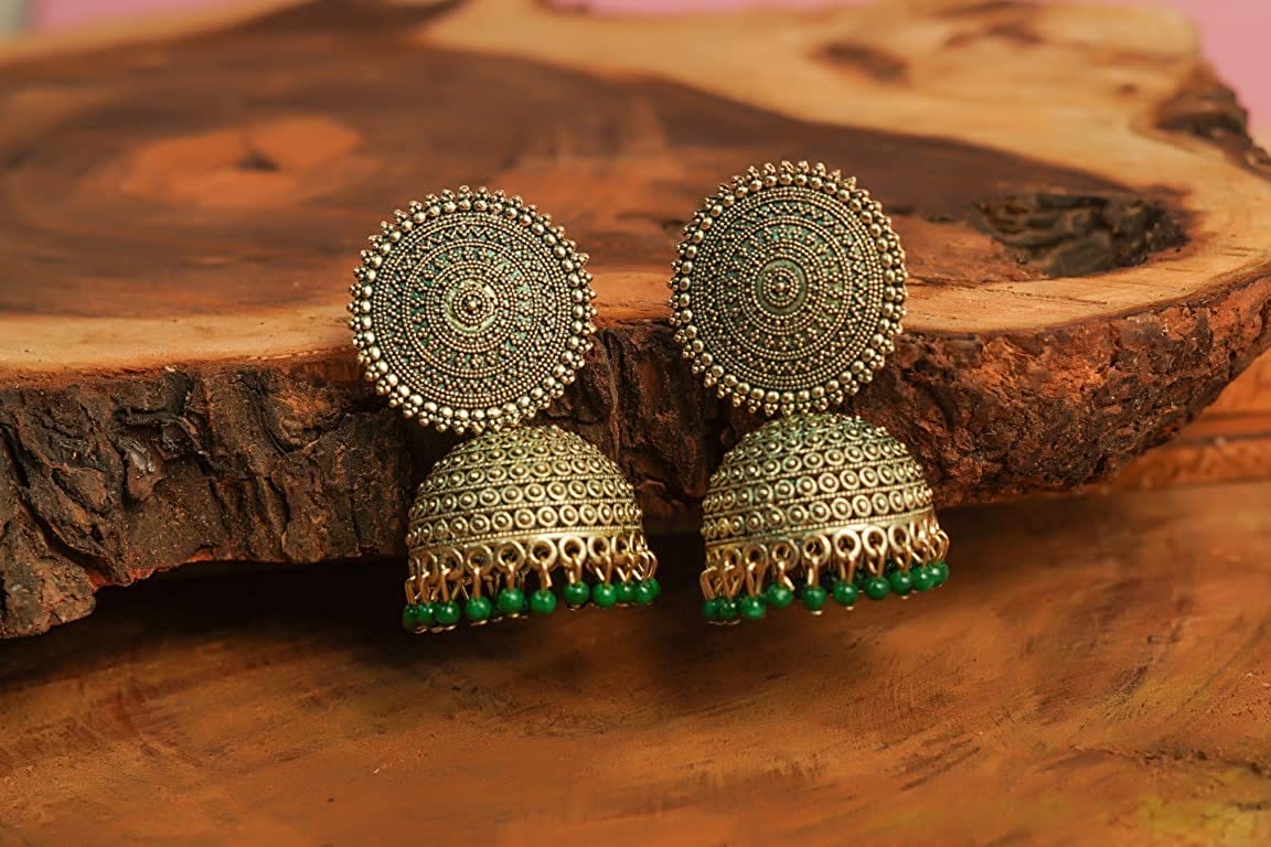 Gold-Polished Alloy Green Sun Shaped Jhumka Earrings - The Pari - Swadesiicart