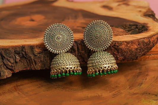 Gold-Polished Alloy Green Sun Shaped Jhumka Earrings - The Pari - Swadesiicart