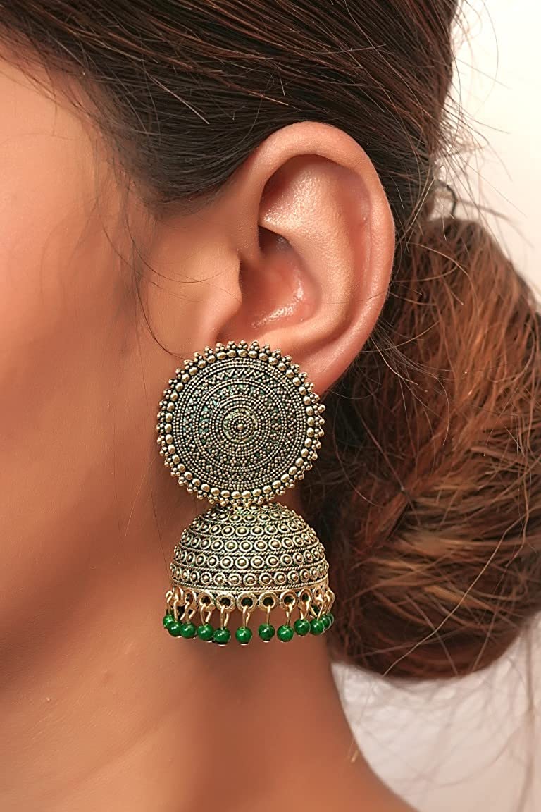 Gold-Polished Alloy Green Sun Shaped Jhumka Earrings - The Pari - Swadesiicart
