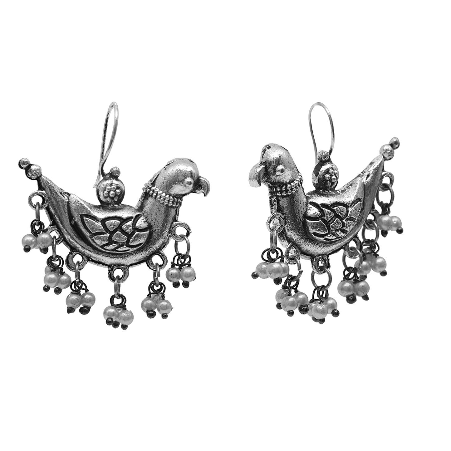 Rhodium-Plated Alloy Silver Bird Designed Antique Earrings - The Pari - The Pari - Dinesh Associates