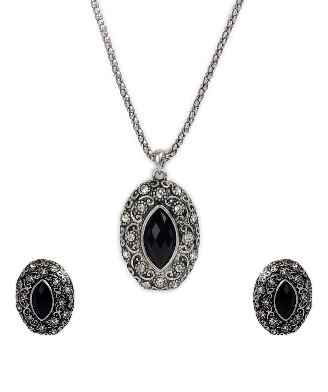 Silver-Plated Alloy Black Stone Pendant Necklace - The Pari | Swadesiicart