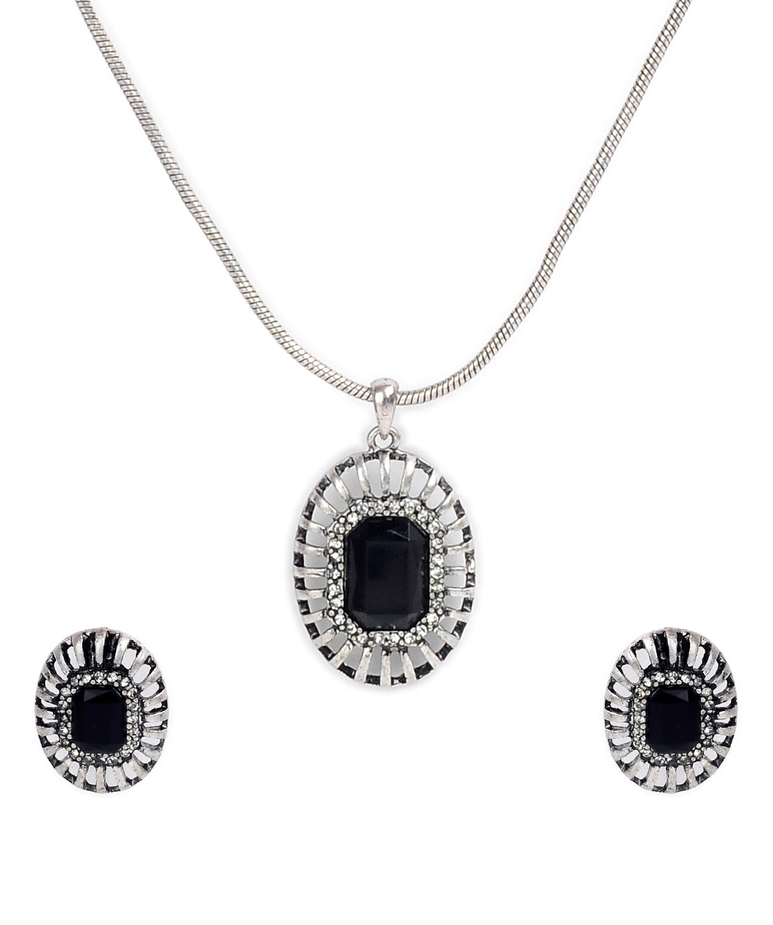 Silver-Plated Alloy Black Stone Pendant Necklace - The Pari | Swadesiicart
