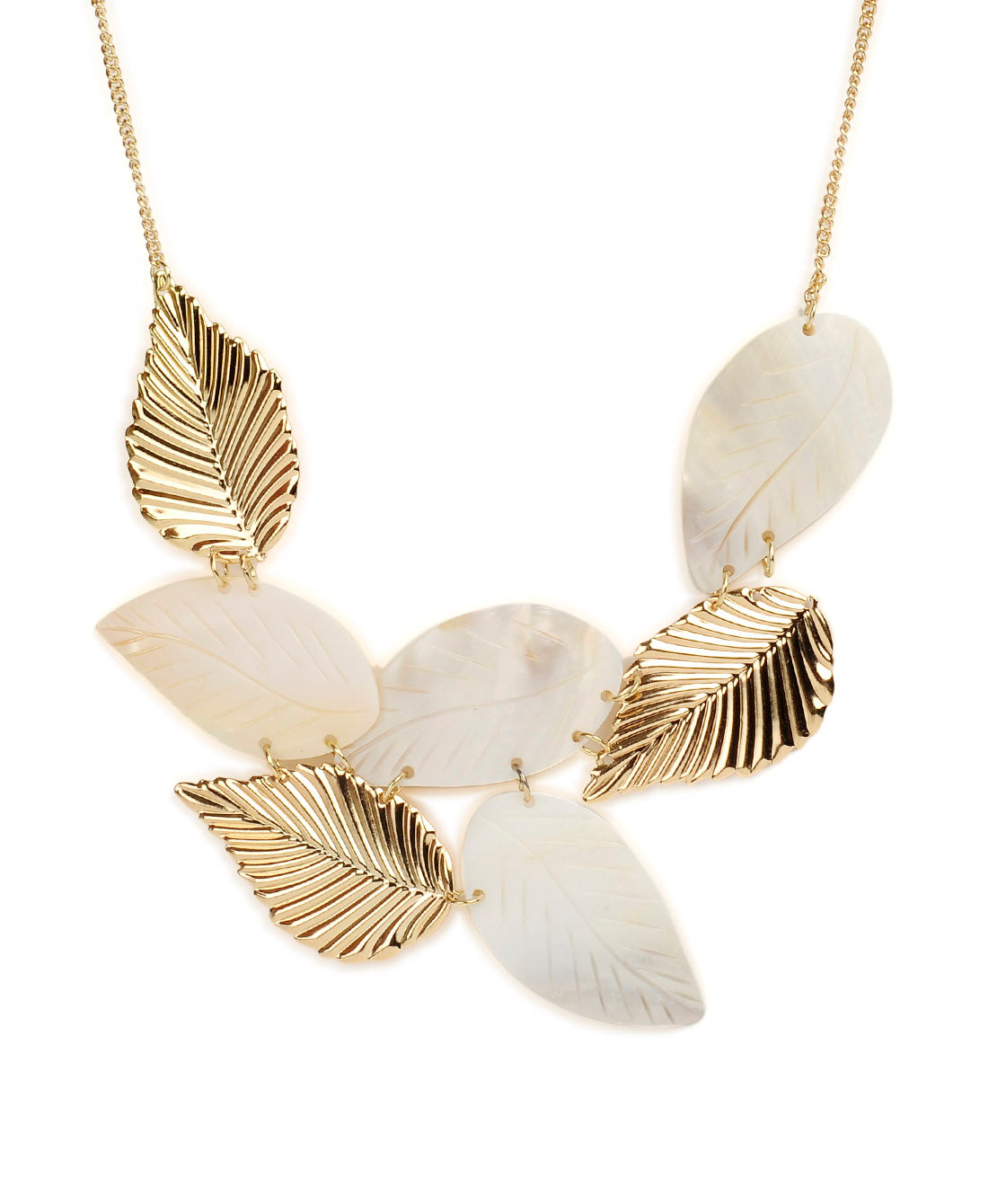 Gold-Polished Alloy Shell And Brass Leaf Statement Necklace - The Pari | Swadesiicart