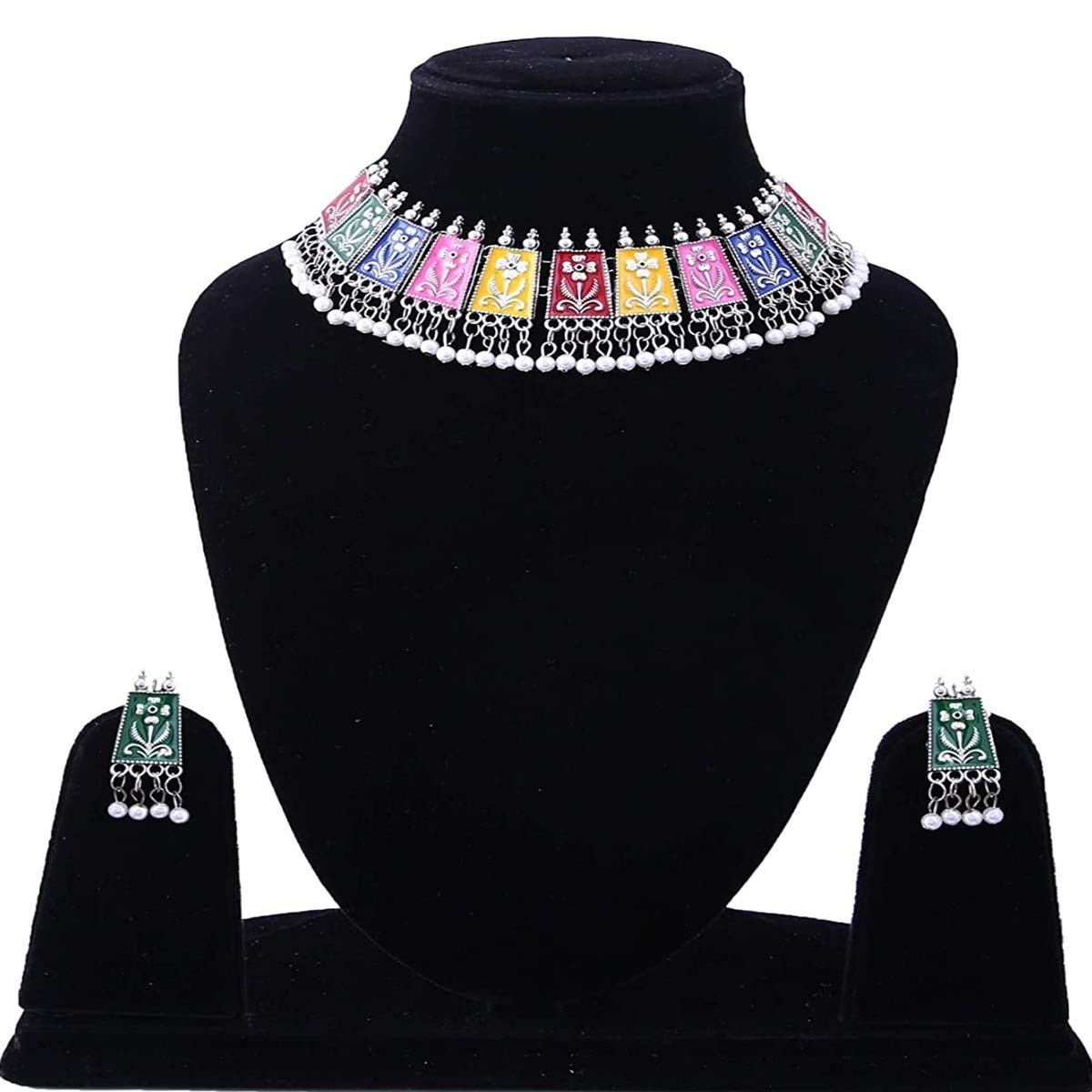 Rhodium-Plated Alloy Eanamel Coated Multicolour Choker Necklace - The Pari | Swadesiicart