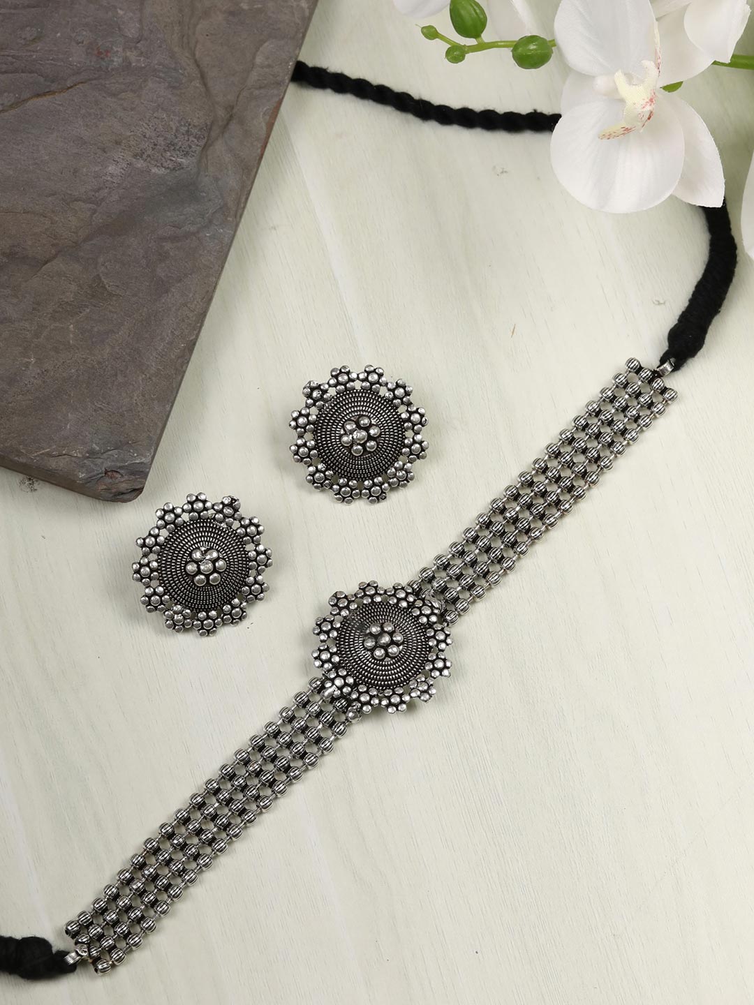 Rhodium-Plated Alloy Silver Beaded Choker Necklace - The Pari | Swadesiicart