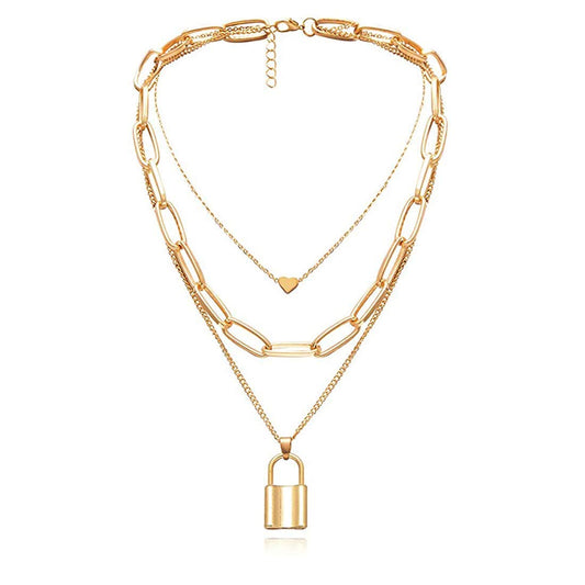 Gold-Polished Alloy Lock & Heart Multiple Chain Necklace - The Pari | Swadesiicart