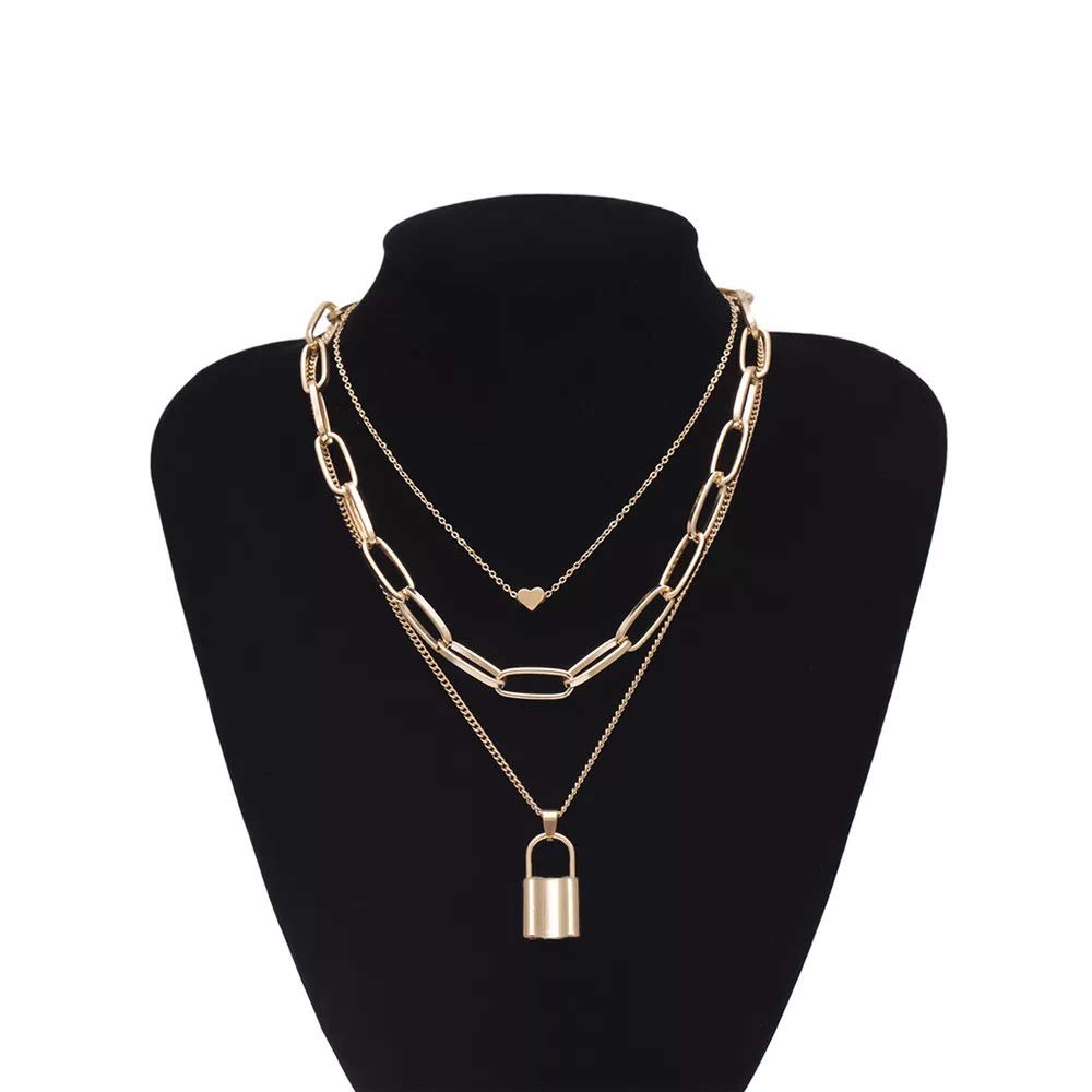 Gold-Polished Alloy Lock & Heart Multiple Chain Necklace - The Pari | Swadesiicart