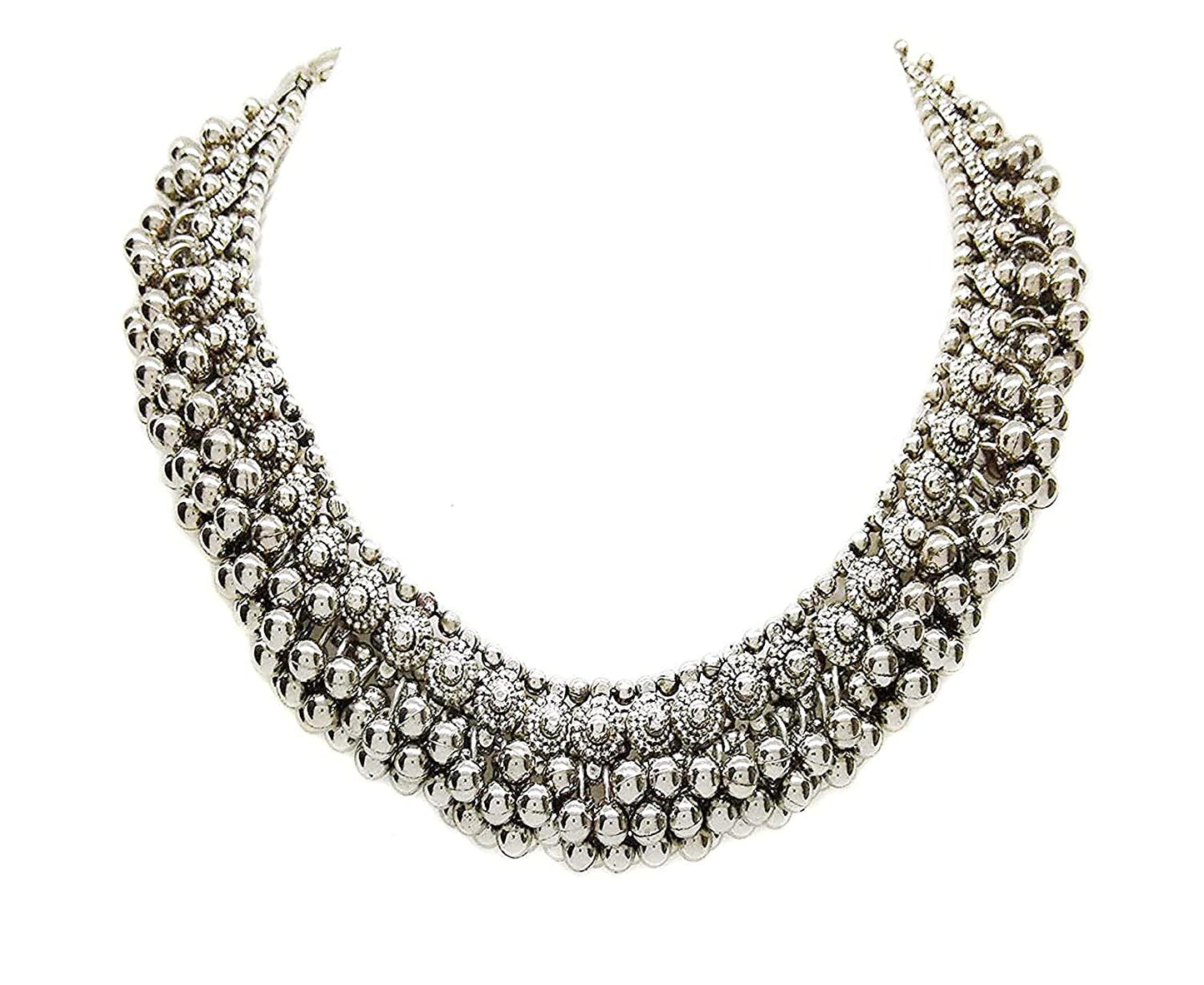 Rhodium-Plated Alloy Silver Bead Cluster Choker Necklace - The Pari | Swadesiicart