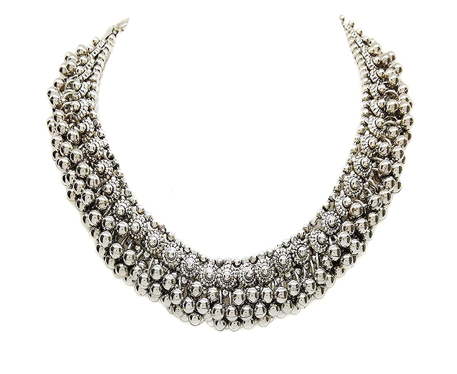 Rhodium-Plated Alloy Silver Bead Cluster Choker Necklace - The Pari | Swadesiicart