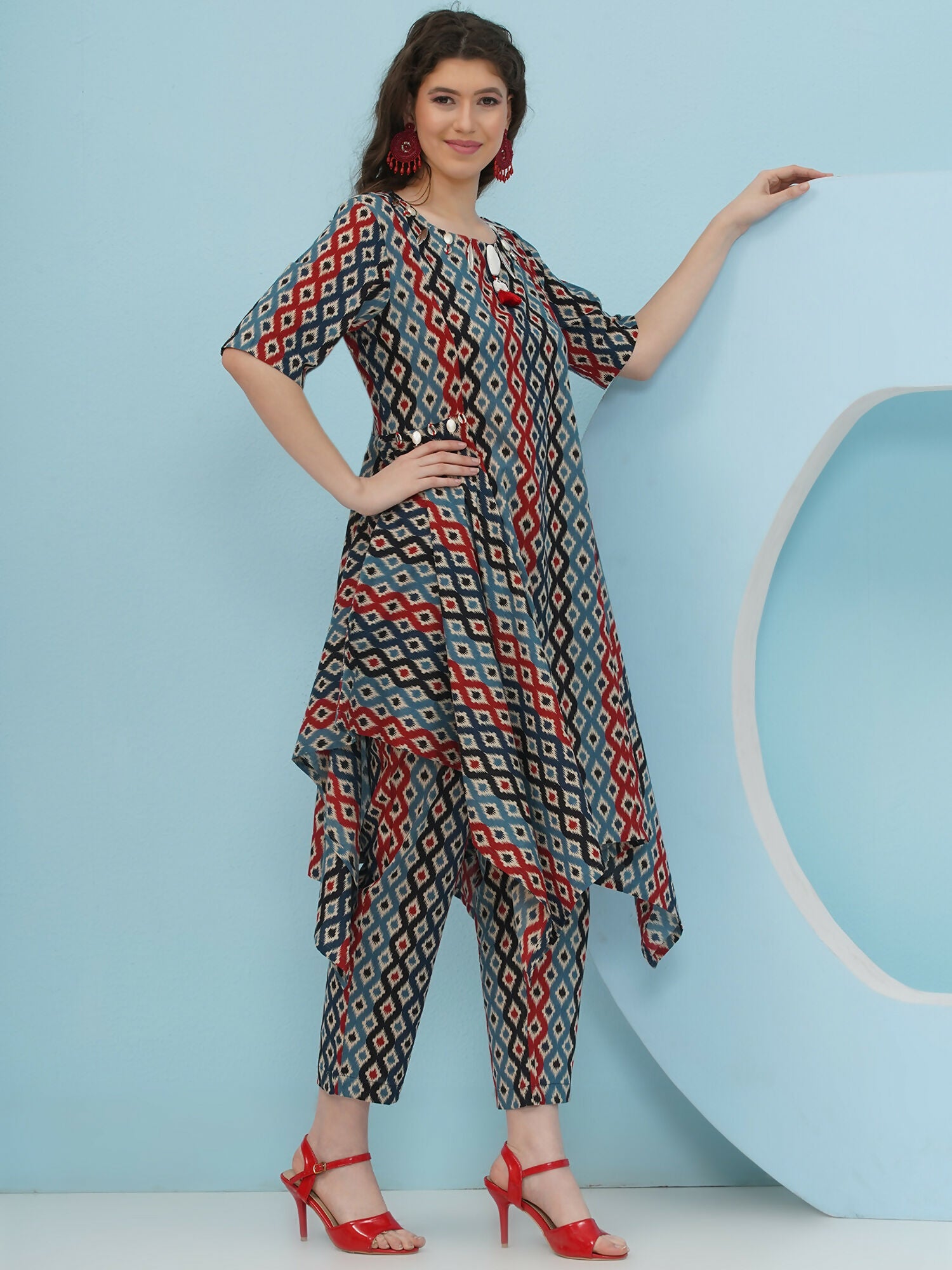 Joban Fashion Ikkat Printed Co Ord Set - Blue Red - Swadesiicart