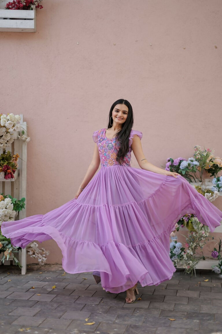 Jyoti Fashion Women's Purple Printed with Sequins Faux Georgette Anarkali Dress | Swadesiicart