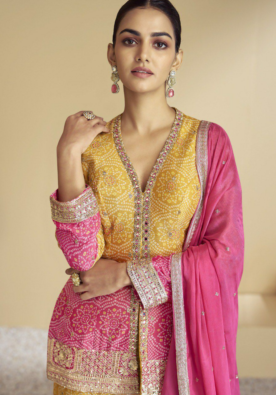 Lorenvalley Fashion Yellow and Pink Chinon Embroidery With Sequince Work Salwar Kameez Stitched | Swadesiicart