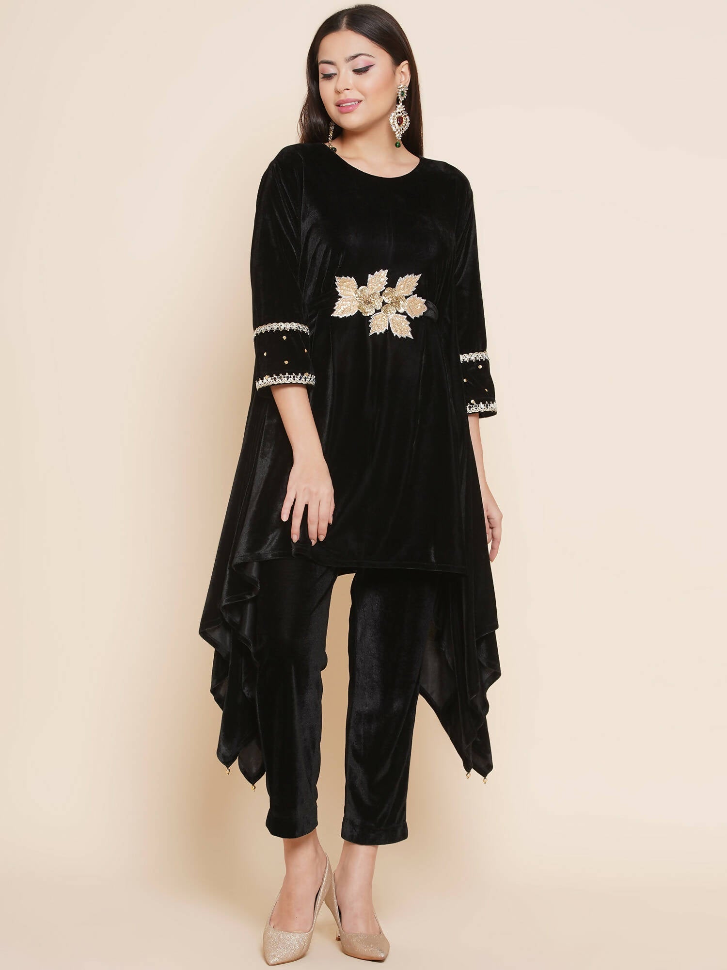 Women Republic Black Velvet Kaftaan Style Kurta With Pants | Swadesiicart